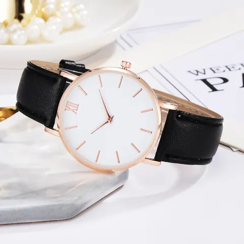 Minimalist Women Quartz Watch Rose Gold Round Alloy Case Faux Leather Strap Roman Numeral Dial Fashion Analog Wristwatch