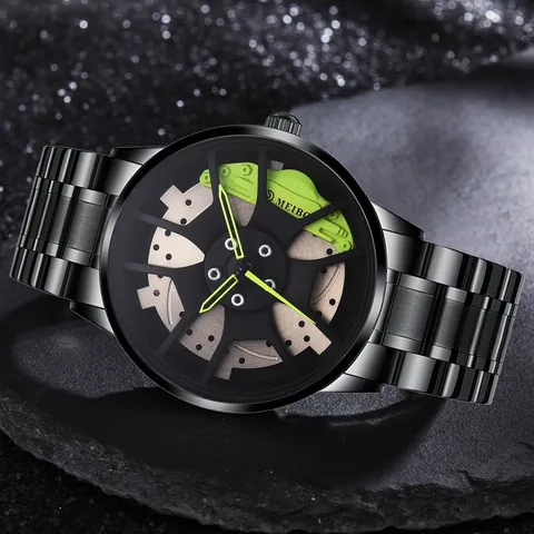 Men's Fashion Sport Quartz Watch Cool Car Wheel Hub Dial Design Alloy Strap Racing Style Decorative Pointer Wristwatch
