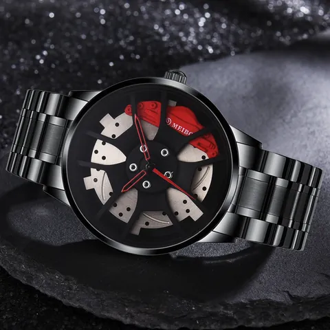 Men Car Wheel Rim Hub Design Quartz Watch Alloy Band Brake Disc Caliper Dial Sporty Racing Wristwatch Casual Fashion Male Jewelry