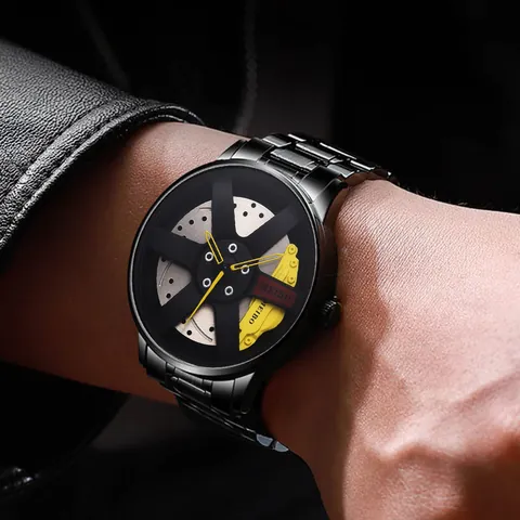 Men Sports Quartz Watch Personalized Car Wheel Hub Hollow Design Dial Alloy Strap Stainless Steel Clasp Racing Wristwatch