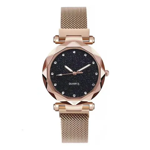 Orologio al Quarzo da Donna con Quadrante a Cielo Stellato Cinturino Magnetico in Maglia Strass Vetro Sfaccettato Elegante