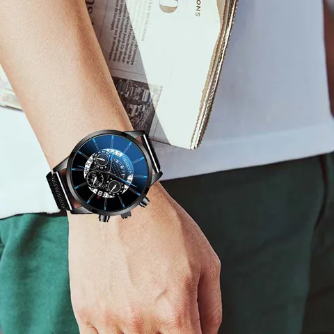 Orologio al Quarzo da Uomo Business Moda Cinturino in Maglia Milanese Chiusura Magnetica Calendario Cassa in Lega Gioielli