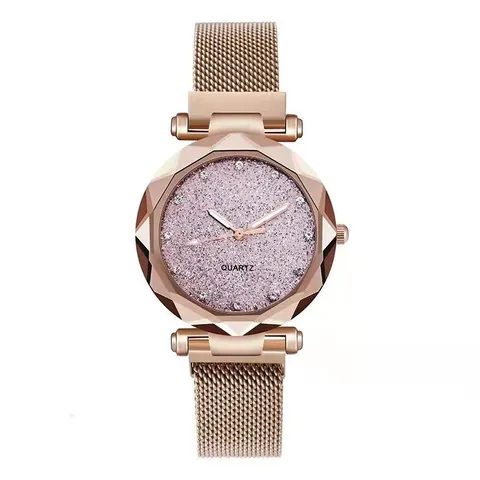 Orologio al Quarzo da Donna con Quadrante a Cielo Stellato Cinturino Magnetico in Maglia Strass Vetro Sfaccettato Elegante