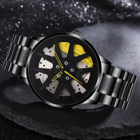 Men's Sports Quartz Watch Racing Wheel Hub Hollow Dial Stainless Steel Strap Fashion Industrial Design Wristwatch Jewelry