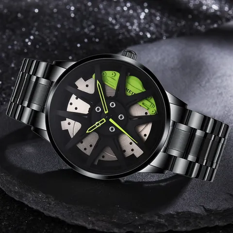 Fashion Men Sports Quartz Watch Car Wheel Hub Design Black Alloy Band Analog Wristwatch Decorative Non-mechanical Clock Gift