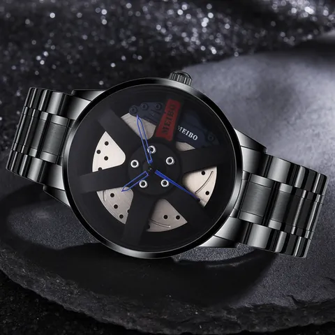 Men Sports Quartz Watch Personalized Car Wheel Hub Hollow Design Dial Alloy Strap Stainless Steel Clasp Racing Wristwatch