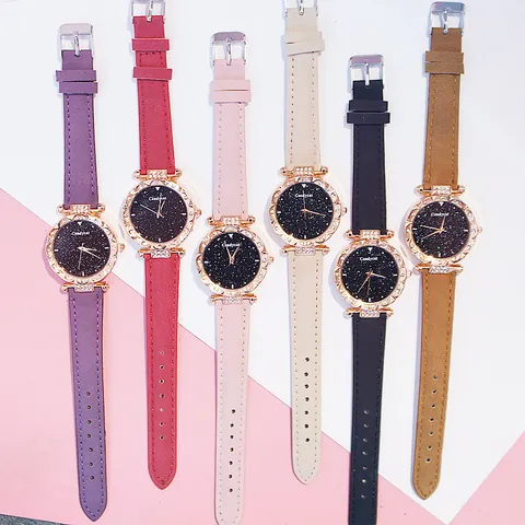 Dames Mode Sterrenhemel Wijzerplaat Quartz Horloge Legering Armband Cadeauverpakking Kunstleren Band Casual Polshorloge