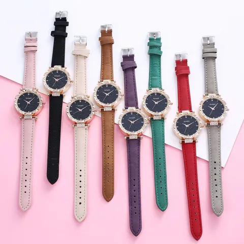 Women Fashion Starry Sky Dial Quartz Watch With Rhinestone Bezel Faux Leather Strap Minimalist Jewelry Bracelet Gift Set