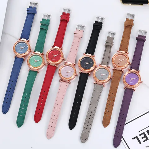 Women Fashion Quartz Watch With Starry Glitter Dial Rhinestone Markers Geometric Cut Case Rose Gold Alloy Synthetic Leather Strap Wristwatch