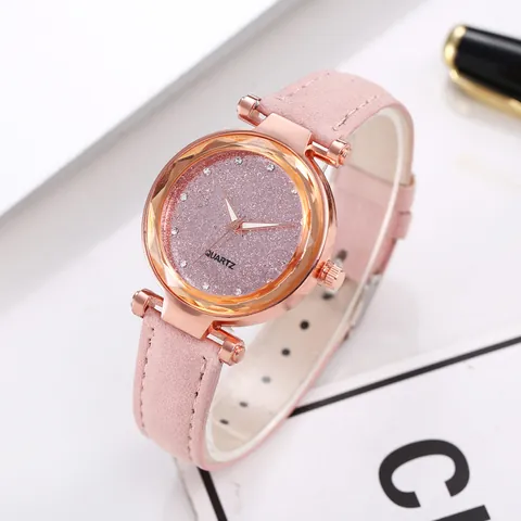 Women Fashion Quartz Watch With Starry Glitter Dial Rhinestone Markers Geometric Cut Case Rose Gold Alloy Synthetic Leather Strap Wristwatch