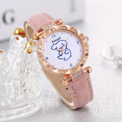 Women's Fashion Quartz Watch Bracelet Jewelry Set Cute Cartoon Dog Pattern Rhinestone Inlaid Faux Leather Strap Casual Wristwatch For Girls