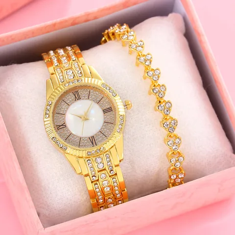 Luxe Quartz Horloge Met Strass En Hart Armband Voor Dames Romeinse Cijfers Legering Analoog Polshorloge Met Geschenkdoos