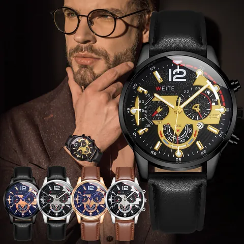 Orologio al Quarzo WEITE da Uomo Business Casual Con Cinturino in Pelle Design Cronografo Calendario Cassa in Lega Orologio da Polso