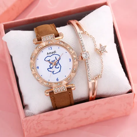 Women's Fashion Cartoon Dog Quartz Watch And Rhinestone Star Charm Bracelet With Faux Leather Strap And Gift Box Jewelry