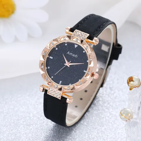 Luxury Women Watch Starry Sky Dial Rhinestone Alloy Case Frosted Faux Leather Strap Fashion Ladies Quartz Wristwatch Gift Set