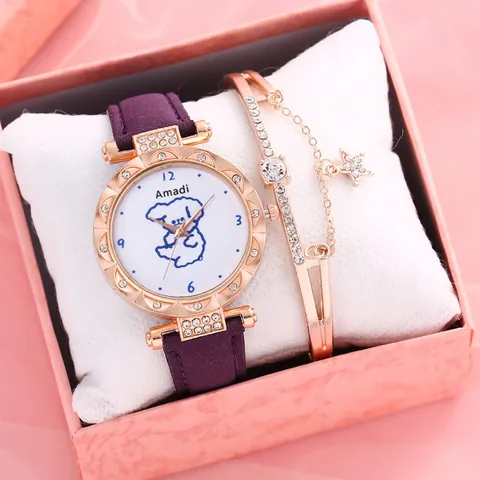 Women's Fashion Cartoon Dog Quartz Watch And Rhinestone Star Charm Bracelet With Faux Leather Strap And Gift Box Jewelry
