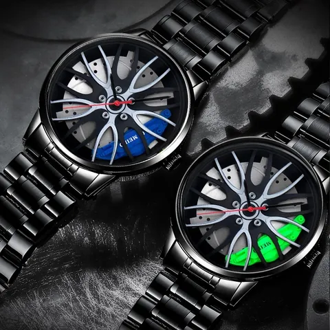 Heren Cool Auto Wielnaaf Ontwerp Horloge Sportief Rim Wijzerplaat Quartz Polshorloge Zwart Legering Stalen Band Remklauw Mode Sieraden