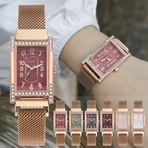 Mode Dames Quartz Horloge Rechthoekige Strass Kast Roségoud Milanese Band Elegante Analoge Polshorloge Voor Dames Cadeau