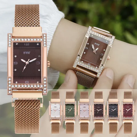 Mode Roségold Rechteckige Damen Quarzuhr Mit Strass Eingelegtem Milanese Netzband Lässige Einfache Damen Armbanduhr