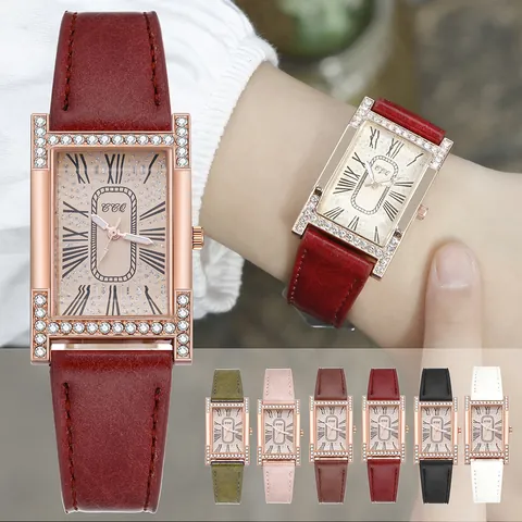 Women's Fashion Rectangular Quartz Watch Rhinestone Inlaid Roman Numeral Dial Faux Leather Strap Casual Ladies Wristwatch