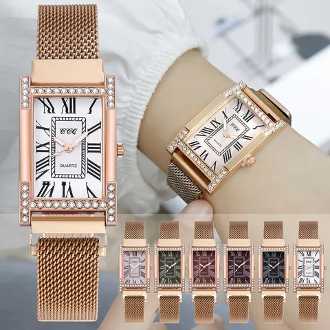 Mode Dames Kwartshorloge Met Strass Ingelegde Rechthoekige Wijzerplaat Romeinse Cijfers Milanese Mesh Band Elegant Polshorloge