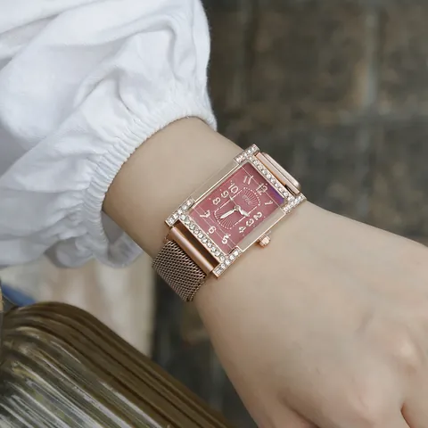 Mode Dames Quartz Horloge Rechthoekige Strass Kast Roségoud Milanese Band Elegante Analoge Polshorloge Voor Dames Cadeau