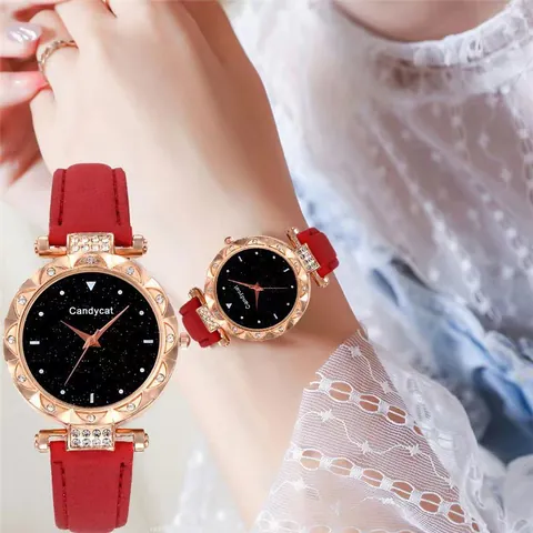 Women's Fashion Starry Sky Dial Quartz Watch With Rhinestone Alloy Case Frosted Faux Leather Strap Minimalist Analog Wristwatch