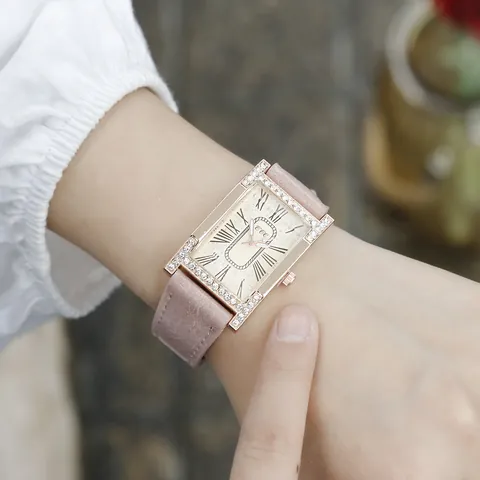 Women's Fashion Rectangular Quartz Watch Rhinestone Inlaid Roman Numeral Dial Faux Leather Strap Casual Ladies Wristwatch