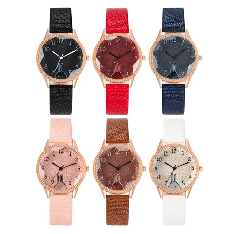 Dames Mode Quartzhorloge Met Cartoon Konijn Patroon Legering Kast Imitatieleer Band Strass Casual Analoog Polshorloge