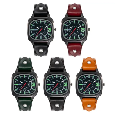 Orologio da Polso al Quarzo da Uomo alla Moda Cassa in Lega Nera Quadrata Cinturino in Ecopelle Industriale con Borchie Sportivo