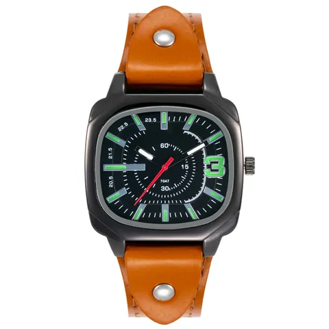 Orologio da Polso al Quarzo da Uomo alla Moda Cassa in Lega Nera Quadrata Cinturino in Ecopelle Industriale con Borchie Sportivo