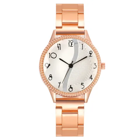 Women Fashion Quartz Watch Rose Gold Alloy Strap Rhinestone Bezel Creative Wave Texture Dial Casual Elegant Wristwatch Ladies Gift