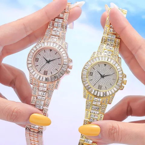 Mode Luxus Strass Damen Quarzuhr Legierung Stahlband Voll Diamant Analog Runde Armbanduhr Für Party Kleid Schmuck
