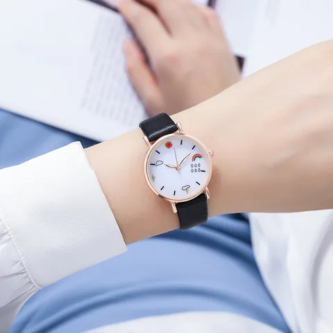 Women's Casual Quartz Watch Cute Rainbow Cloud Weather Pattern Dial Rose Gold Case Faux Leather Strap Fashion Wristwatch