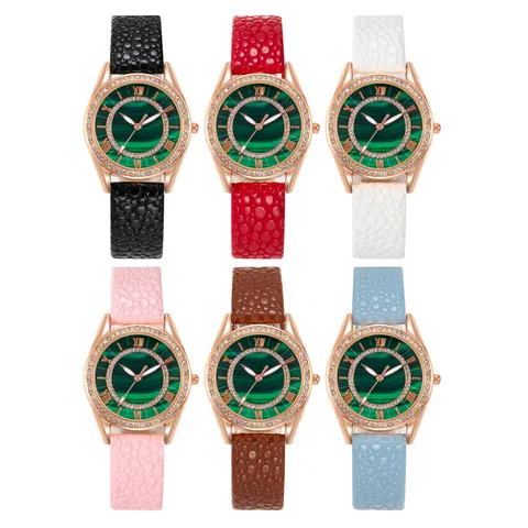 Luxury Women Quartz Watch Malachite Green Texture Dial Rhinestone Inlaid Rose Gold Case Faux Leather Strap Fashion Wristwatch
