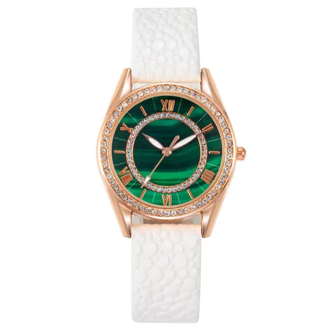 Luxury Women Quartz Watch Malachite Green Texture Dial Rhinestone Inlaid Rose Gold Case Faux Leather Strap Fashion Wristwatch