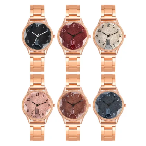 Fashion Women Quartz Wristwatch Rose Gold Alloy Steel Band Cartoon Rabbit Dial Glitter Rhinestone Decoration Casual Ladies Watch