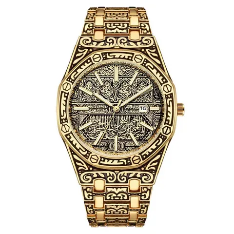 Orologio al Quarzo Ottagonale da Uomo Lusso Pattern Calligrafia Araba Intagliato Display Data Luminoso Cinturino in Metallo