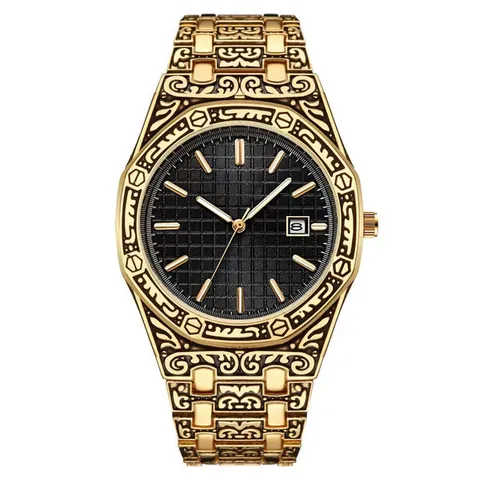 Orologio al Quarzo Ottagonale da Uomo Lusso Pattern Calligrafia Araba Intagliato Display Data Luminoso Cinturino in Metallo