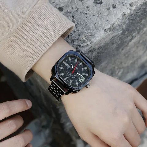 Mens Fashion Casual Square Quartz Watch With Alloy Metal Link Strap Business Wristwatch Analog Display Gift For Mens