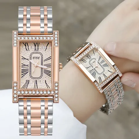Women Fashion Quartz Watch Rectangular Rhinestone Bezel Two-tone Alloy Band Roman Numerals Casual Luxury Wristwatch