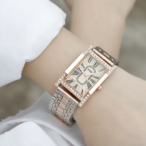 Women Fashion Quartz Watch Rectangular Rhinestone Bezel Two-tone Alloy Band Roman Numerals Casual Luxury Wristwatch