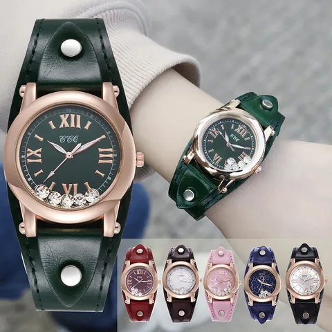 Vintage Dameshorloge Met Kwartsuurwerk En Brede Kunstleren Band Met Klinknagels Rose Goud Kast Bewegende Stras Analoog Polshorloge