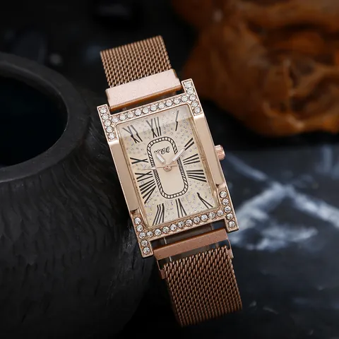 Vintage Rectangular Quartz Watch Women Luxury Rhinestone Alloy Case Roman Numerals Metal Mesh Band Magnetic Buckle Ladies Wristwatch