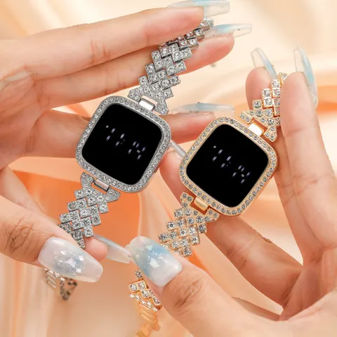 Fashion Women Rhinestone Square Case LED Digital Watch Alloy Metal Band Luxury Electronic Wristwatch For Ladies Party Accessories