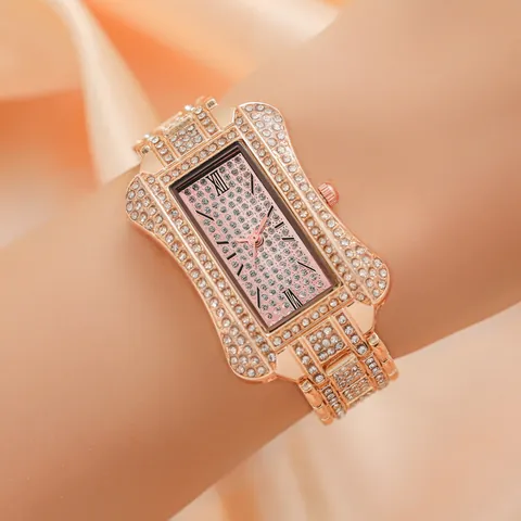 Orologio da Donna di Lusso con Strass Quadrante Rettangolare Numeri Romani Lega Orologio al Quarzo Gioielli Regalo