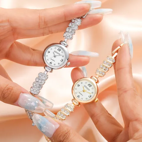 Fashion Women Quartz Watch Elegant Alloy Rhinestone Thin Chain Strap Analog Ladies Wristwatch Decorative Round Dial Timepiece Gift Rose Gold Silver Gold