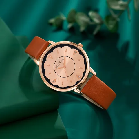 Elegant Rose Gold Case Women Quartz Watch Flower Dial Pattern Faux Leather Strap Casual Analog Wristwatch For Women Jewelry