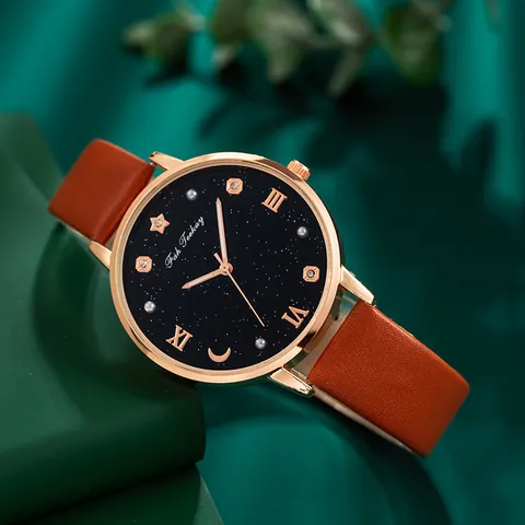 Dames Mode Sterrenhemel Quartz Horloge Roségouden Legering Kast Strass Romeinse Cijfers Wijzerplaat Kunstleren Band Casual Polshorloge
