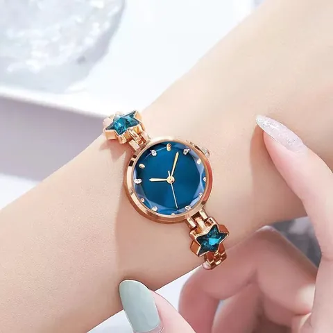 Mode Dames Ster Horloge En Armband Set Roségoud Legering Band Blauwe Wijzerplaat Minimalistisch Quartz Horloge Voor Dames